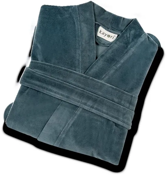 Gevouwen blauwgroene Kayori badjas met ceintuur en kimonokraag