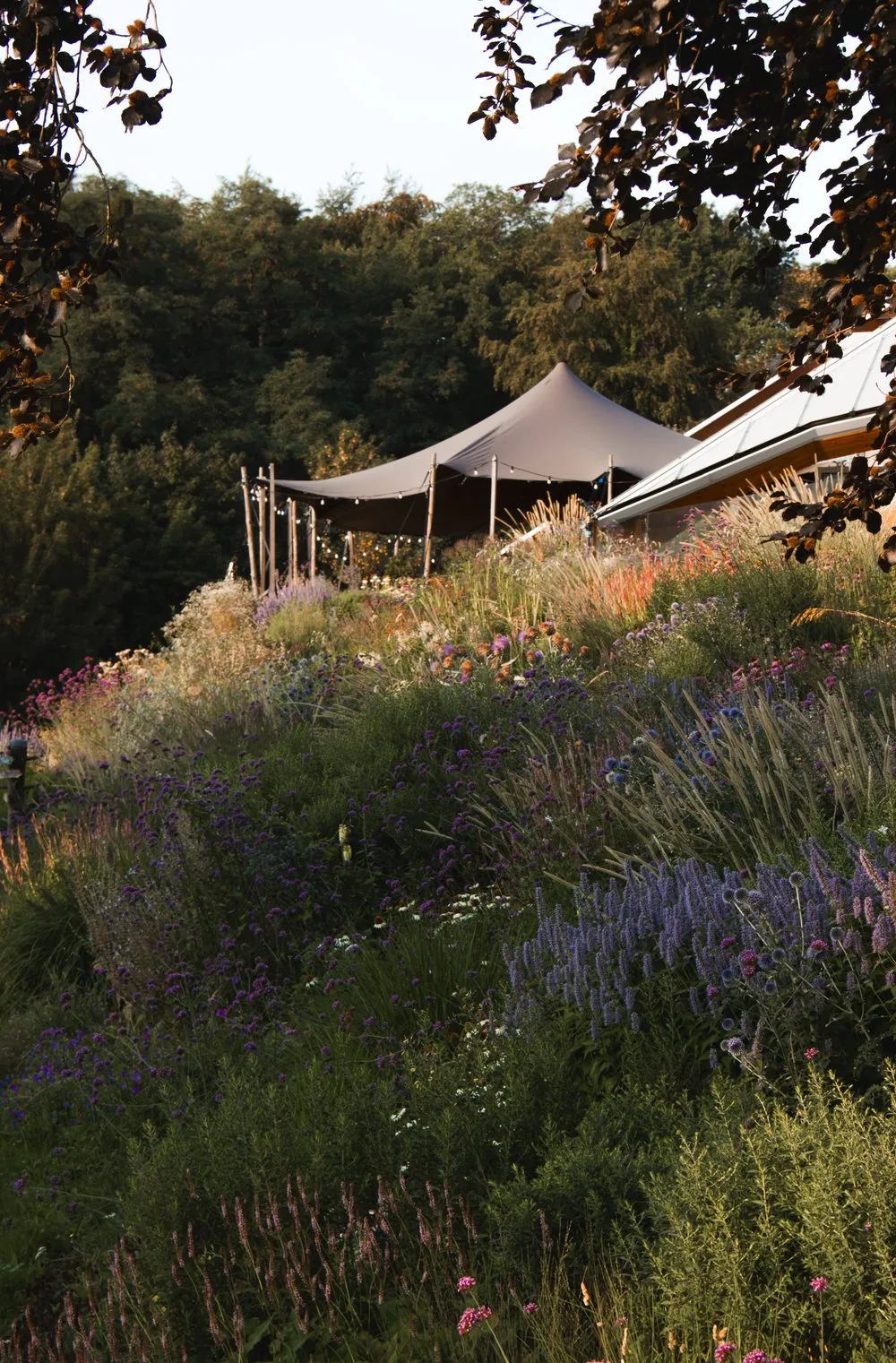 Bloeiende tuin en ligweide van Thermae 2000 met op de achtergrond het terras van de Loungebar
