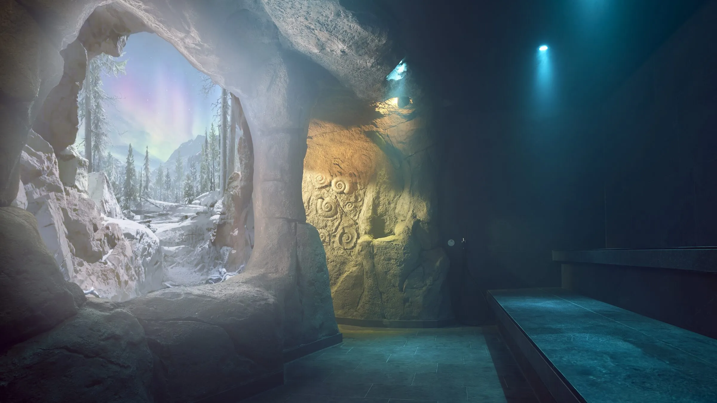 De Gauja stoomcabine van Thermen Soesterberg, een grot met uitzicht op een winters landschap