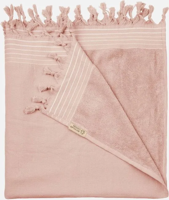 Roze Walra hamamdoek Remade Cotton, gevouwen, met franjes en een badstof binnenkant